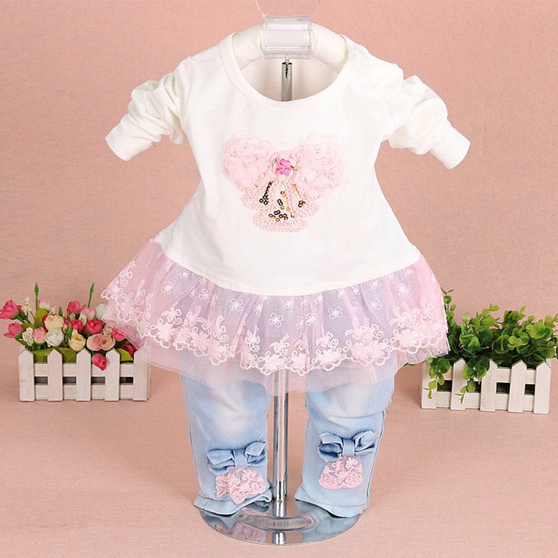 Yao Little Girls Denim Clothing Sets 3 Pieces Sets T Shirt Denim Jacket and Jeans(Pink,4-5Years) - Image 3